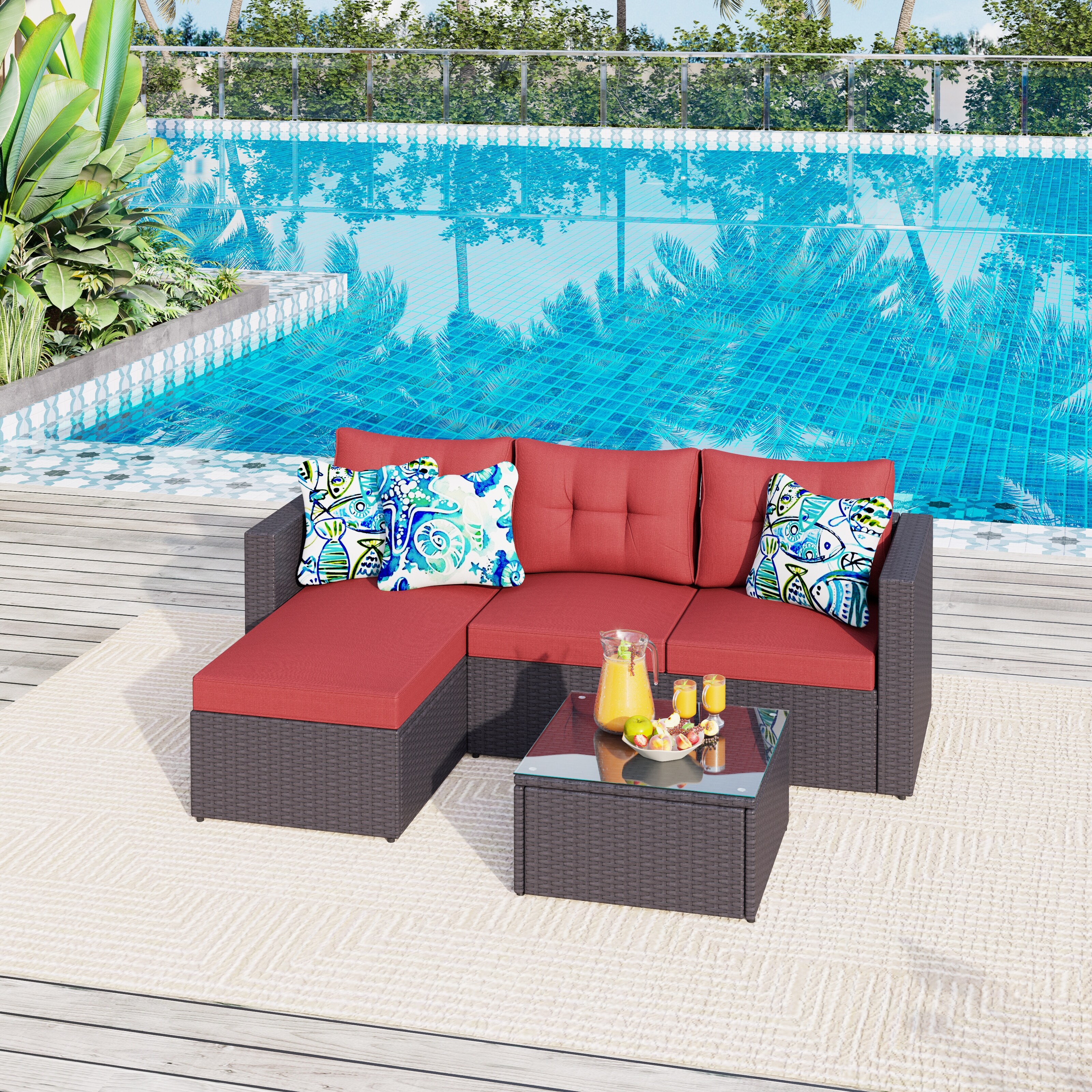 4-piece Rattan Wicker Patio Conversation High-back Sectional Sofa Set