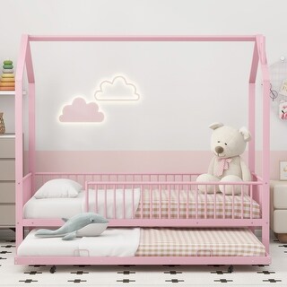 Twin Size House-shaped Platform Bed with Full-length Fence, Metal Bed with Trundle for Bedroom, Pink