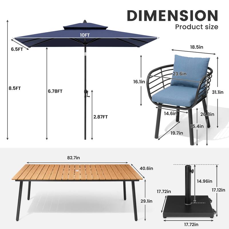 11-Piece Outdoor Patio Dining Set with Sunbrella Cushion Aluminum Dining Table and Chairs w/10 ft Umbrella and Base with Wheels