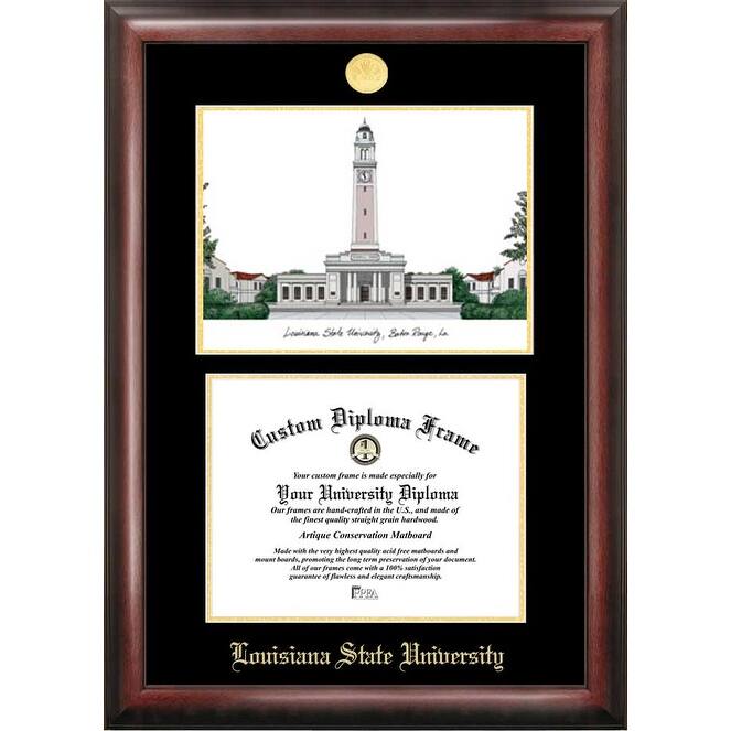 Louisiana State University 11w x 8.5h Gold Embossed Diploma Frame with Campus Images Lithograph