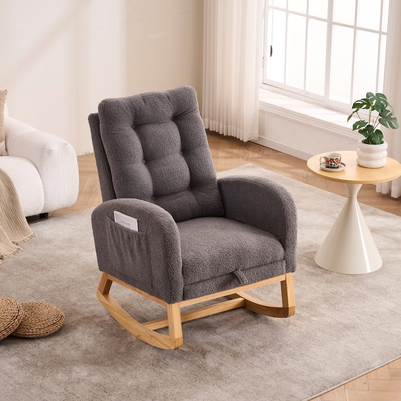 Upholstered Rocking Chair with Footrest & Thick Cushioned, Accent Chair Lounge Chair with Side Storage Pocket - Dark Gray