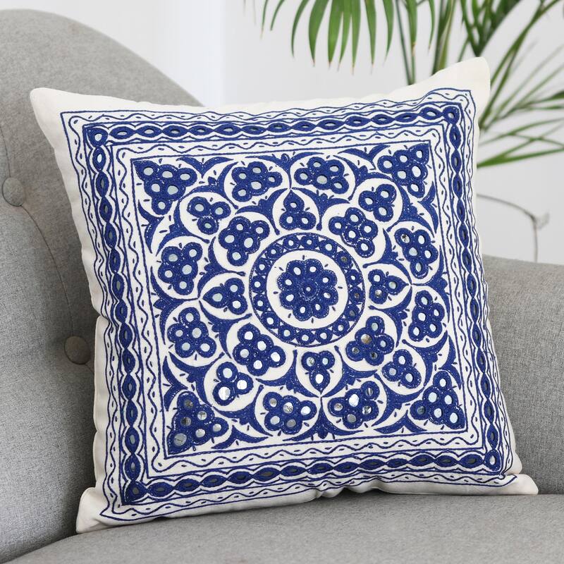 Novica Handmade Royal Blue Embroidered Cotton Cushion Cover