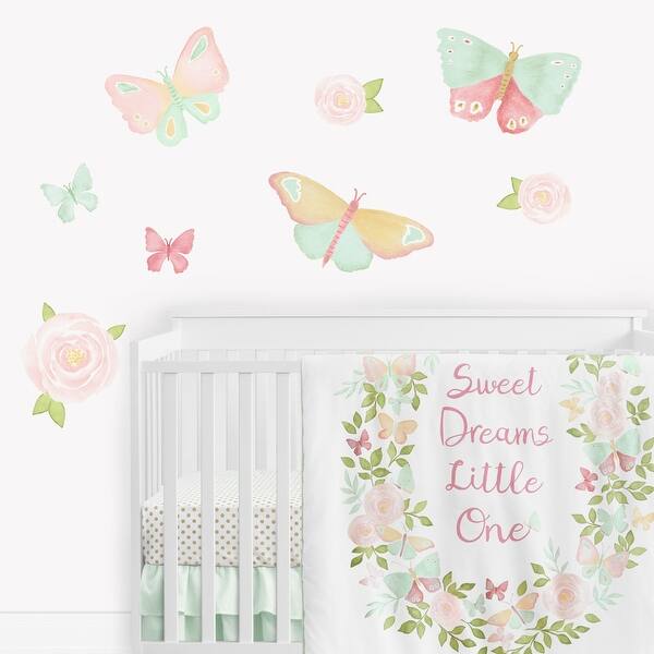 slide 2 of 4, Butterfly Floral Peel and Stick Wall Decal Stickers Art Nursery Decor (Set of 4) - Blush Pink Mint Shabby Chic Watercolor Rose