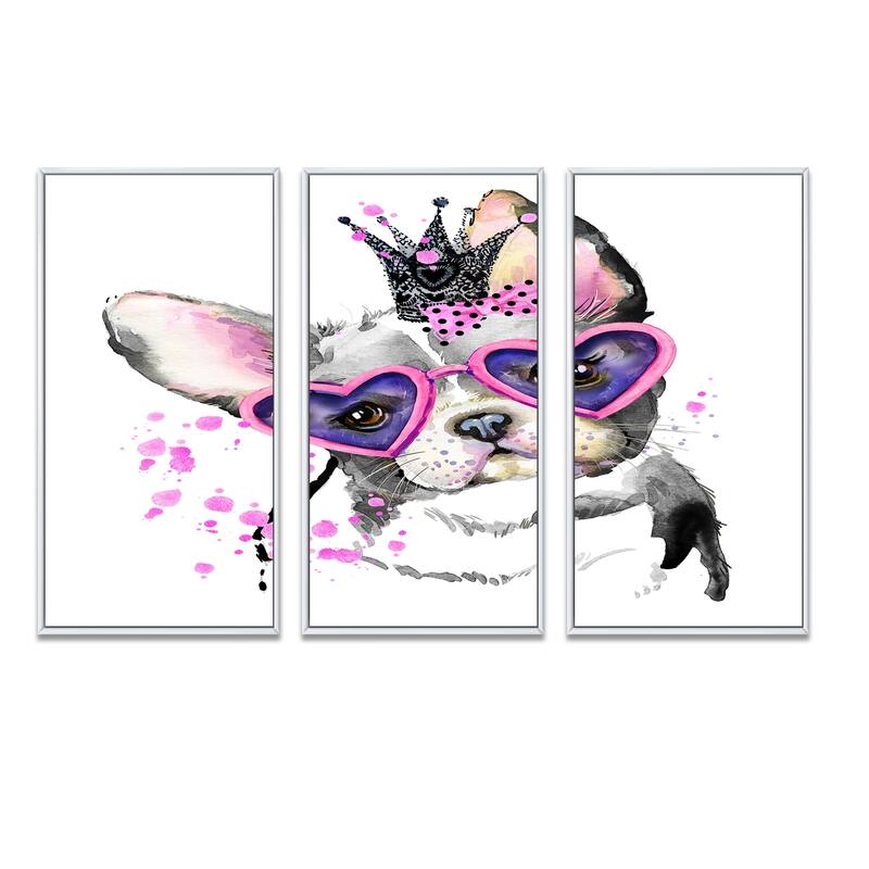 Designart "Sweet Funny Dog with Glasses" Animal Framed Art Set of 3 4