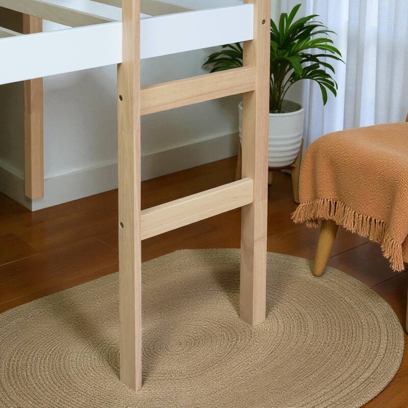 Solid Wood Twin Loft Bed with Ladder, Rubber Wood Frame Low Height Design with Guard Rails and Storage Space