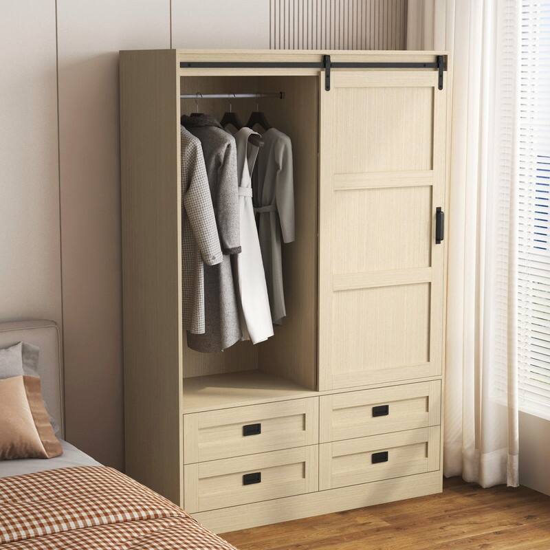 Tall Bedroom Armoire Wardrobe Closet Clothing Storage Cabinet with Hanging Rod Barn Door Drawers Open Shelves - Wood