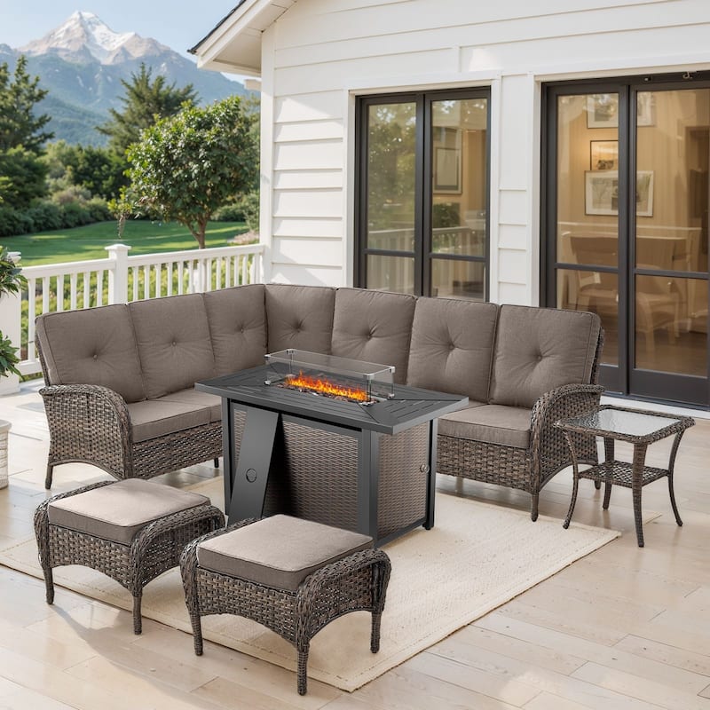 Outdoor Sectional Sofa Ottomans with Fire Pit Table -Grey - Brown - Grey - Brown