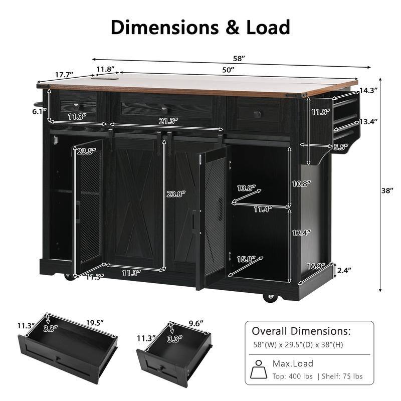 Farmhouse 58" Kitchen Island with Drop Leaf, Rolling Kitchen Island on 5 Wheels with Sliding Barn Door and Adjustable Shelves