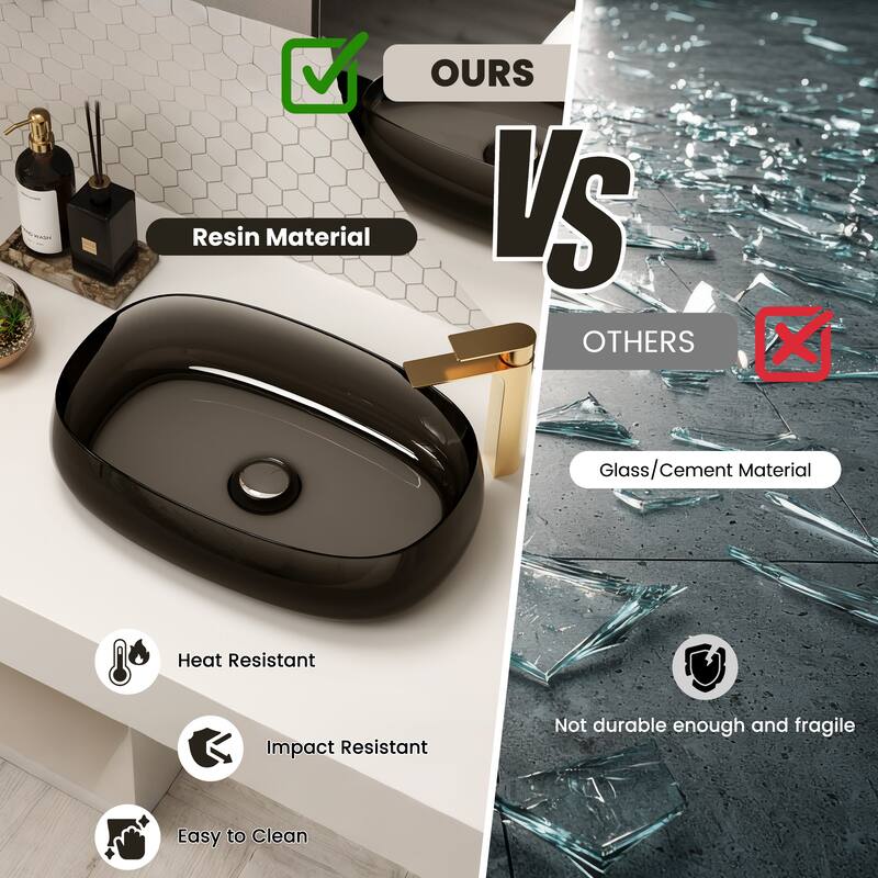 Transparent Resin Vessel Bathroom Sink Included Pop-up Drain and Drain Hose, Modern Above Counter Wash Basin with Center Drain