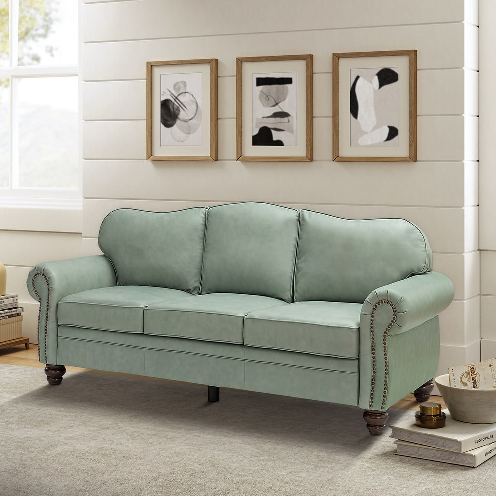 Balvino 81" Wide Transitional Genuine Leather Rolled Arm Nailhead Trim Sofa with Solid Wood Legs