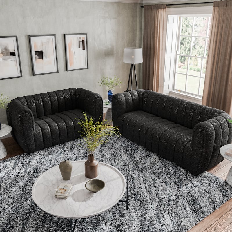 Furniture of America Lucinda Modern Vertical Channel Tufted Boucle Accent Sofa Set with Wooden Legs - Black - 2 Piece