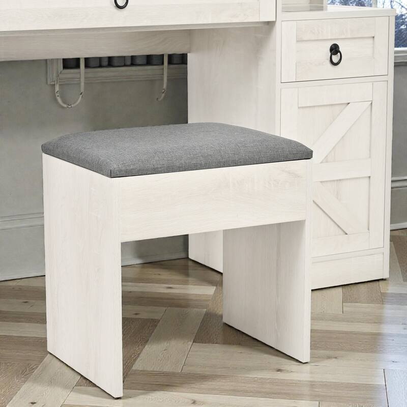 Farmhouse Vanity Desk with Sliding LED Mirror and Lights, Glass Top Vanity Set with Charging Station