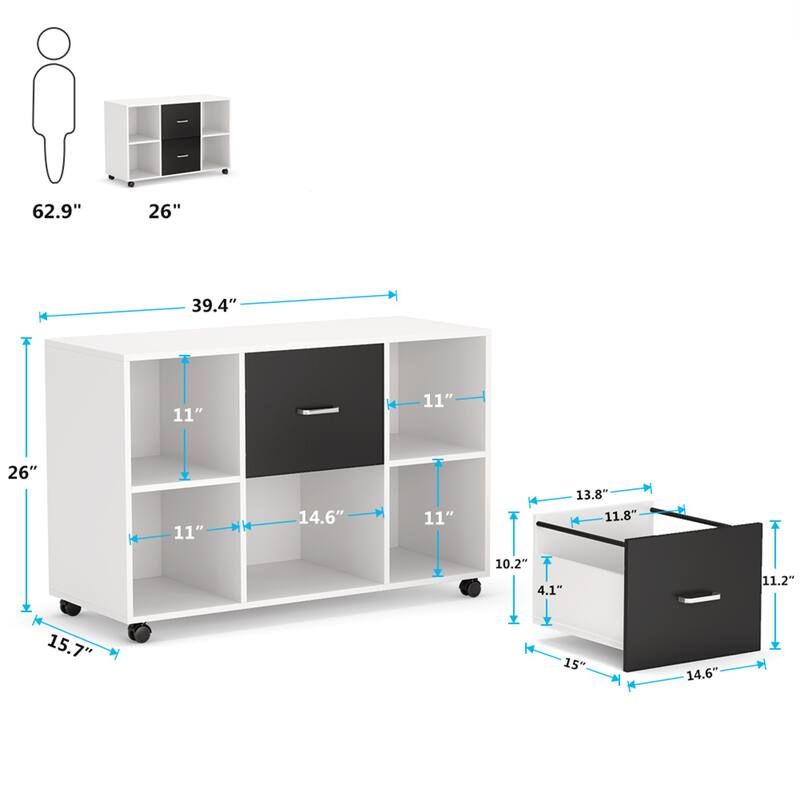 Wood File Cabinet with 2 Drawers and 4 Open Shelves Office Storage Cabinet