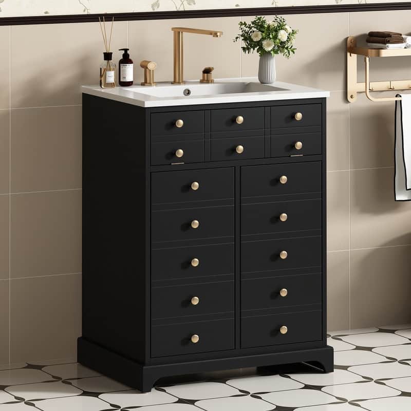 Freestanding Bathroom Vanity Set with Ceramic Sink – Solid Wood Storage Cabinet Featuring 2 Soft-Close Drawers in Black