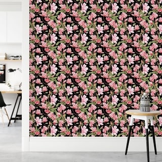 Dark Wallpaper with Pink Flowers Peel and Stick and Prepasted - Bed ...