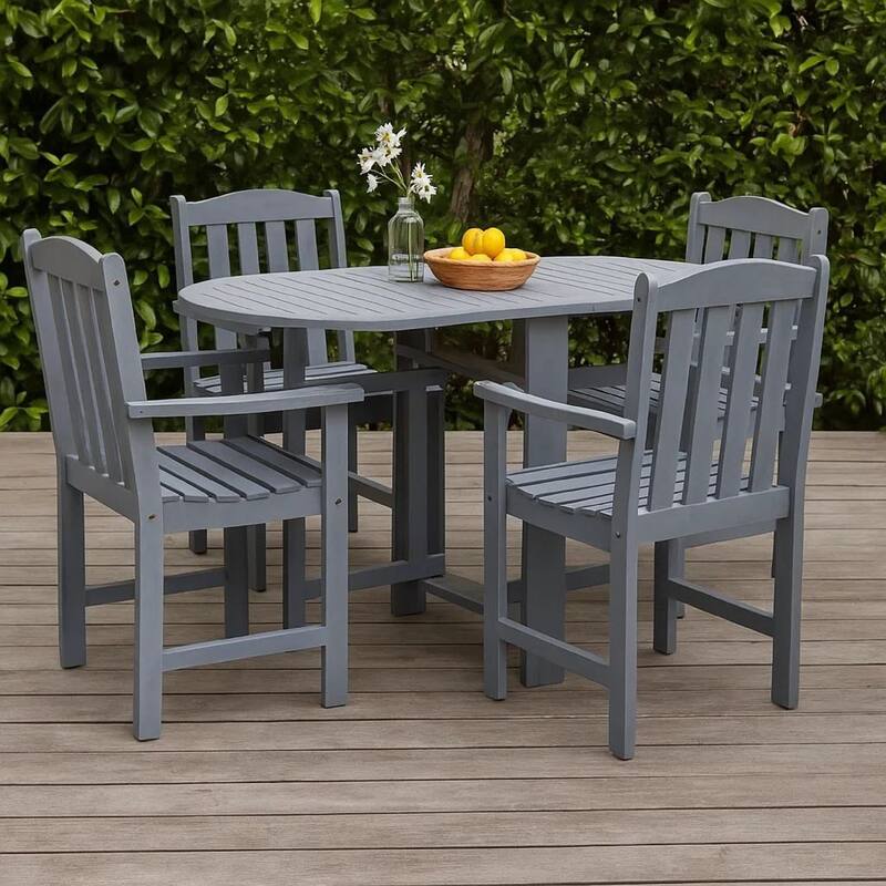 Oval Outdoor Dining Table, Foldable Design, 48 Inch, Gray Acacia Wood