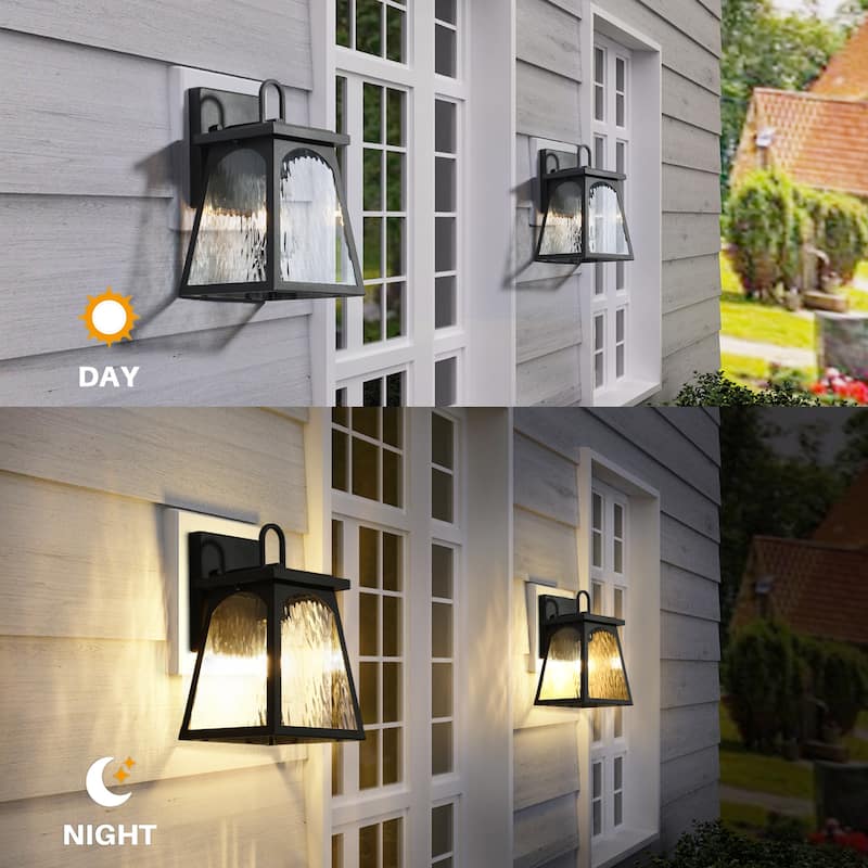 Modern Farmhouse 1-Light Black Outdoor Wall Sconce Water Ripple Glass Patio Lights - W 6.7" x H 11" x D 7.1"