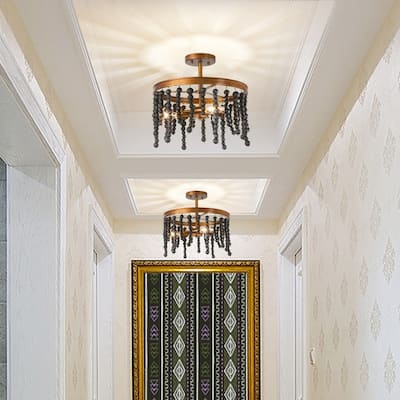 Genzi Boho Glam 3-light Brass Beads Semi-flush Mount Ceiling Light Entryway Dining room - D14"*H14"