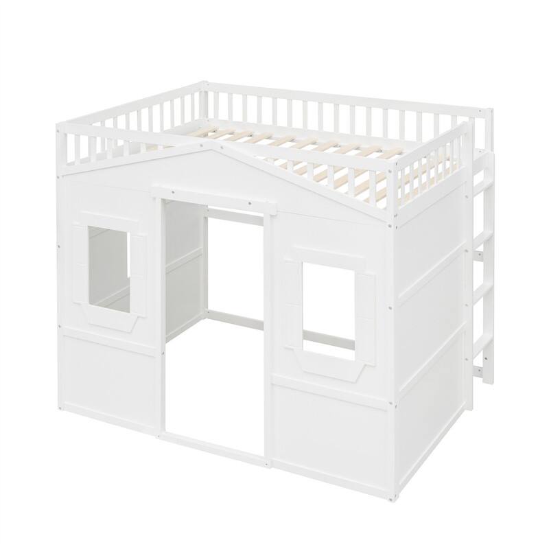 Solid Wood House Loft Bed with Window Design and Ladder, Twin/Full Size Playhouse Bed Loft Bed Frame with Guardrail for Kids