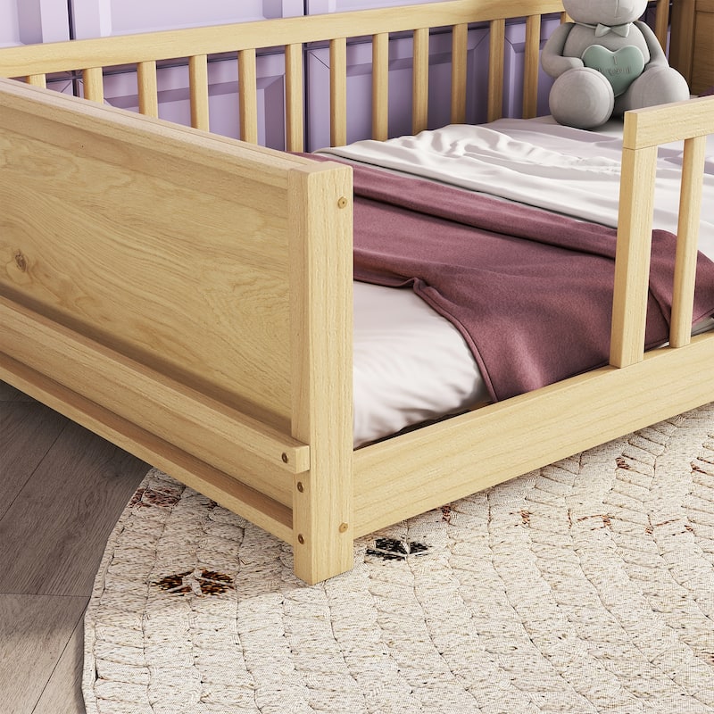 Natural Twin Size Pine Wood Floor Platform Bed with Built-in Book Storage Rack and Fence