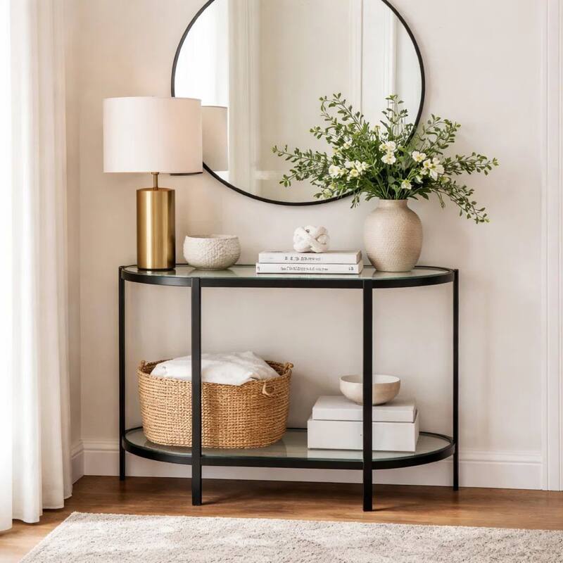 Nizy Sofa Console Table, 36 Inch Glass Top, 1 Open Shelf, Black Iron