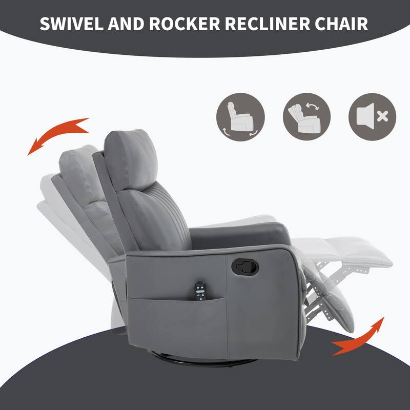 Roomfitters Swivel Rocker Recliner Chair, Manual Faux Leather Massage Armchair with Heat and Glider Motion, Living Room