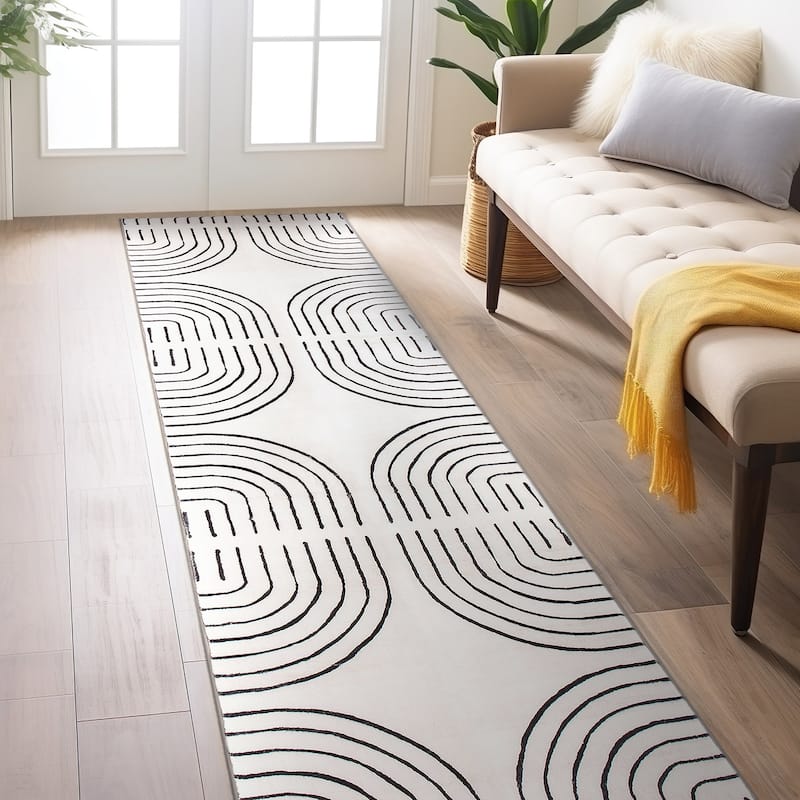 World Rug Gallery Bohemian Lines Washable Non Slip Area Rugs - Ivory - 2'x8' Runner