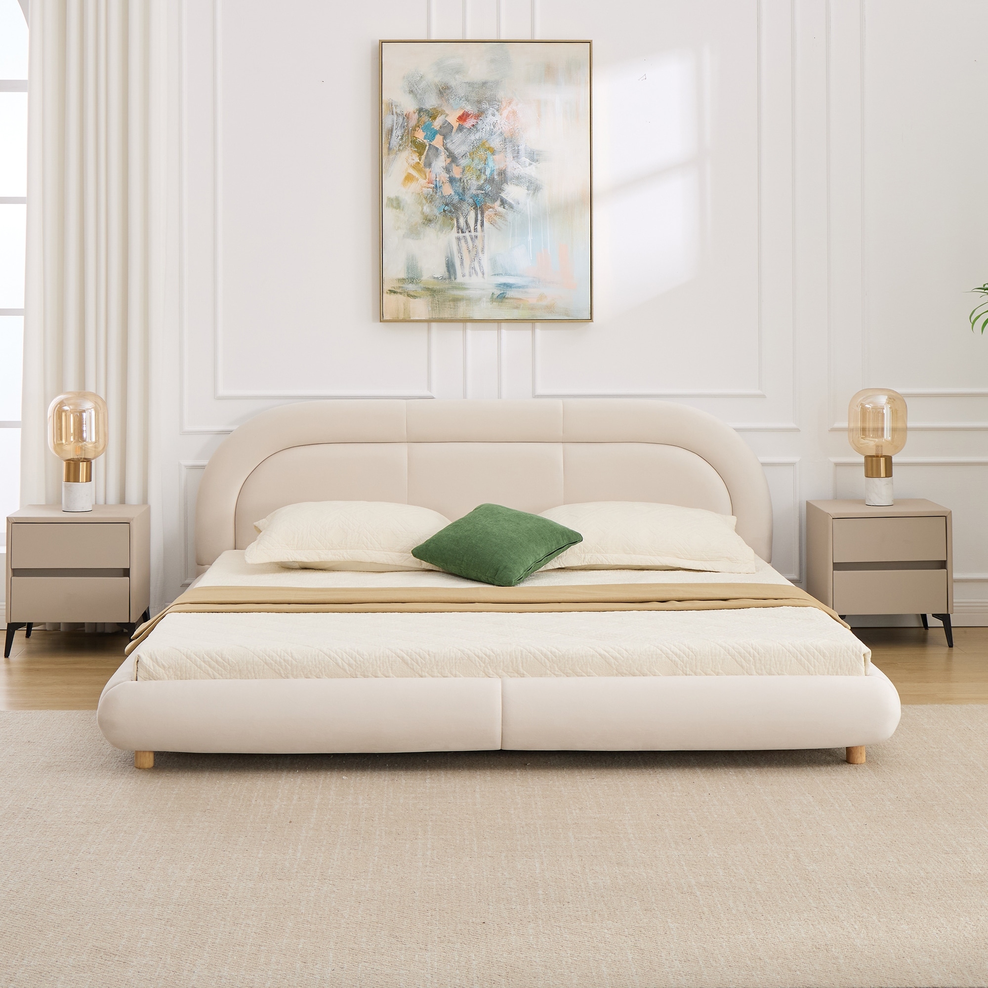 King Size Velvet Upholstered Platform Bed with Curved Headboard