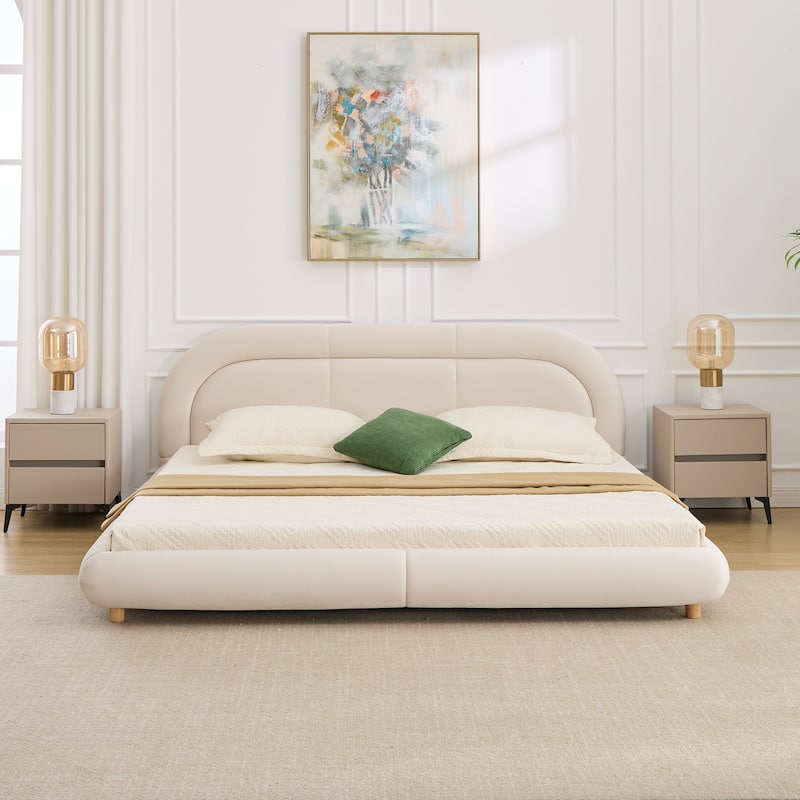 King Size Velvet Upholstered Platform Bed with Curved Headboard - Beige - King