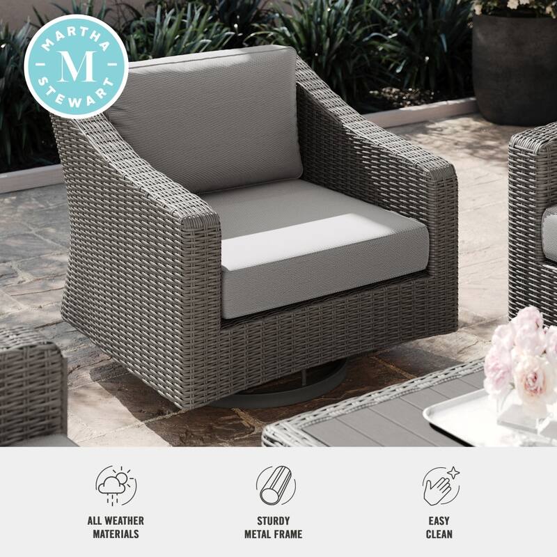 Martha Stewart Outdoor Rattan Wicker Swivel Chair with All-Weather Cushions - 34"D x 32"W x 30"H