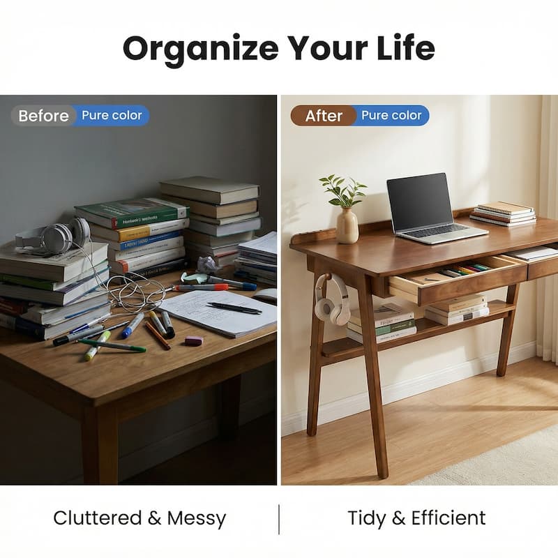 Solid Wood Writing Desk, Home Office Desk for Small Spaces, Mid Century Modern Desks with 2 Drawers & Storage Shelf