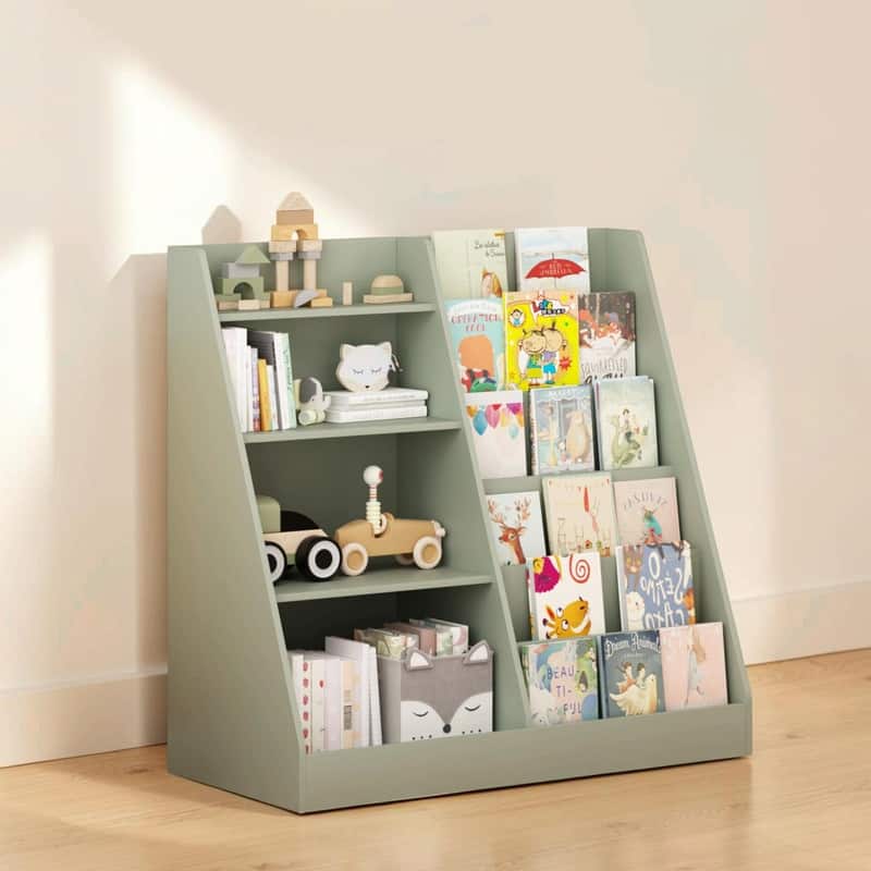 4-Tier Wooden Kids Bookshelf Toy Storage Organizer, Multifunctional Bookcase Display Stand for Nursery Playroom Kids Room