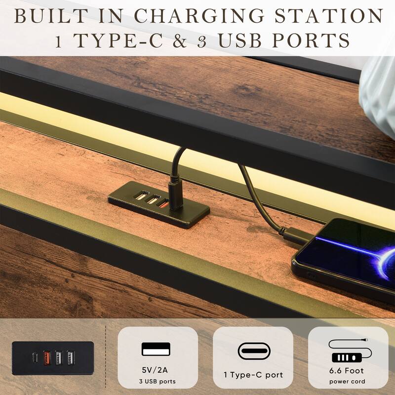 Full Size Wooden Platform Bed with Bookcase Headboard, Charging & LED Lights