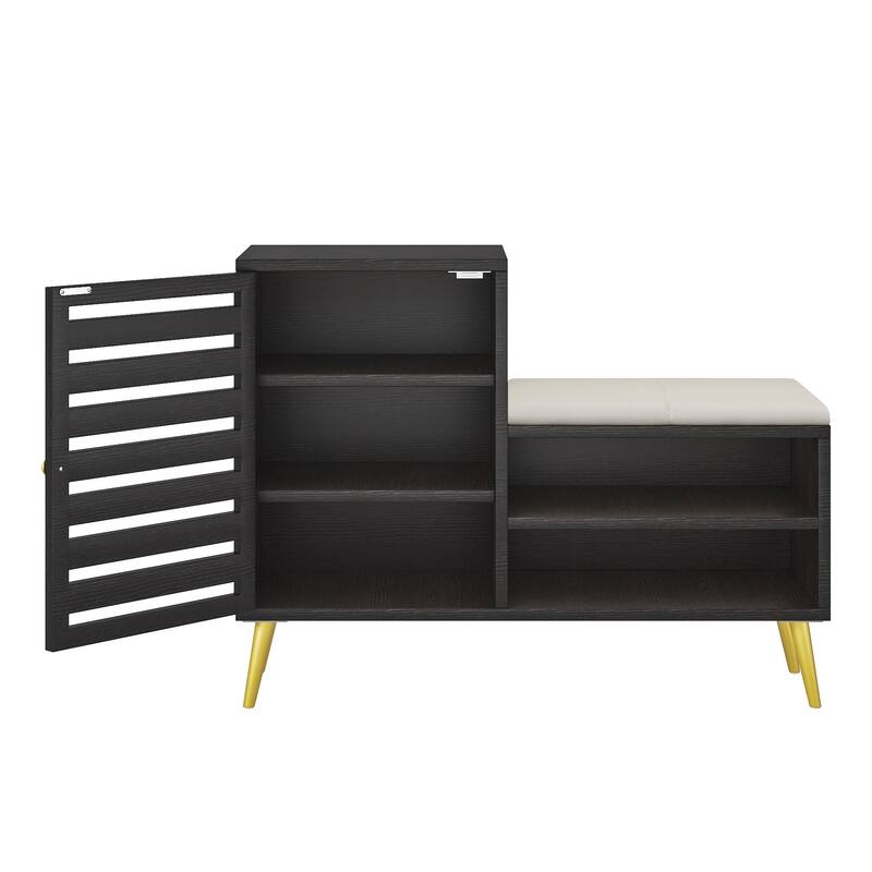 VECELO L-Shaped Entryway Bench with Cushion Shoe Storage Bench with Louvered Door & Open Shelves Hallway Seat Organizer