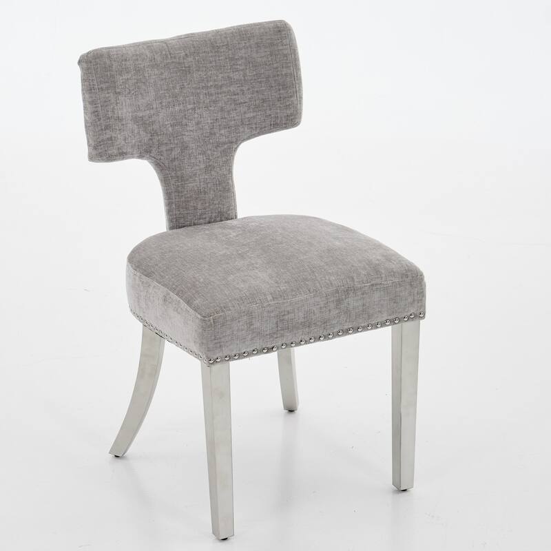 Mid Century Modern Dining Chairs Set of 2, Chenille Upholstered Accent Chairs with Copper Nails Trim & Silver Steel Legs