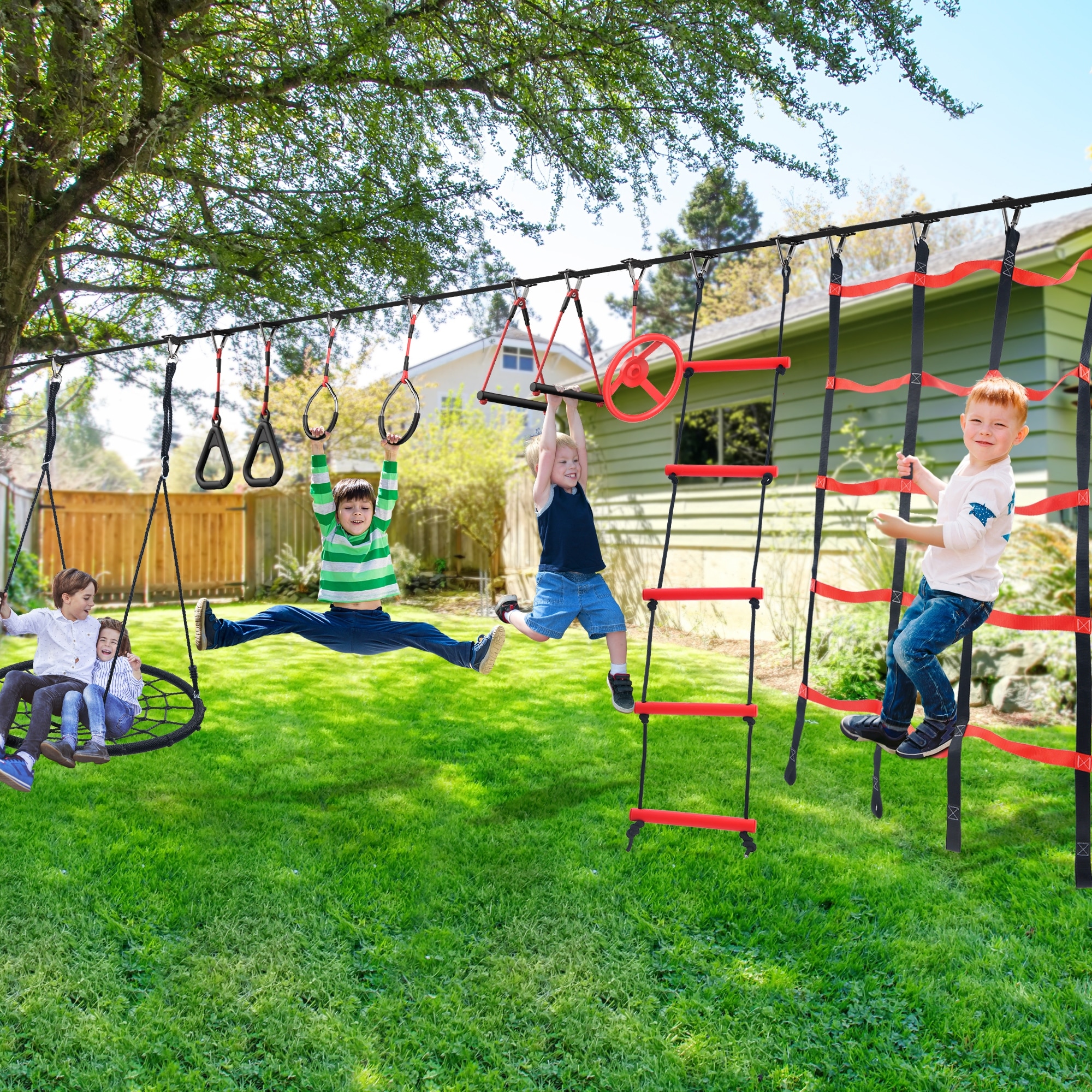 趣味 Lightning outdoor 50 ft Ninja Warrior Obstacle Course for Kids with Tree Swing Set