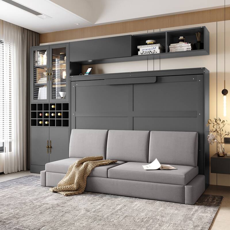 Space-Saving Full Size Murphy Bed with Sofa, Shelves, USB & Light in Gray