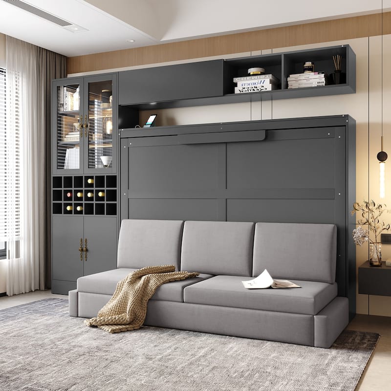 Wood Wall Murphy Bed Frame with Couch, USB and Light, Foldable Wall Platform Bed with All-in-One Storage Cabinet