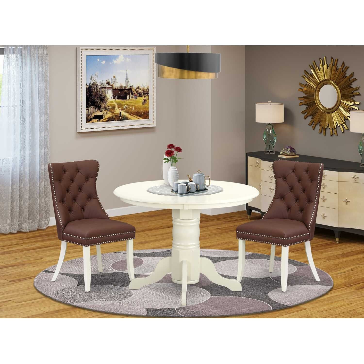 3-Piece Linen white Solid Wood Top - Round Upholstered Dining Room Set - Seats 4