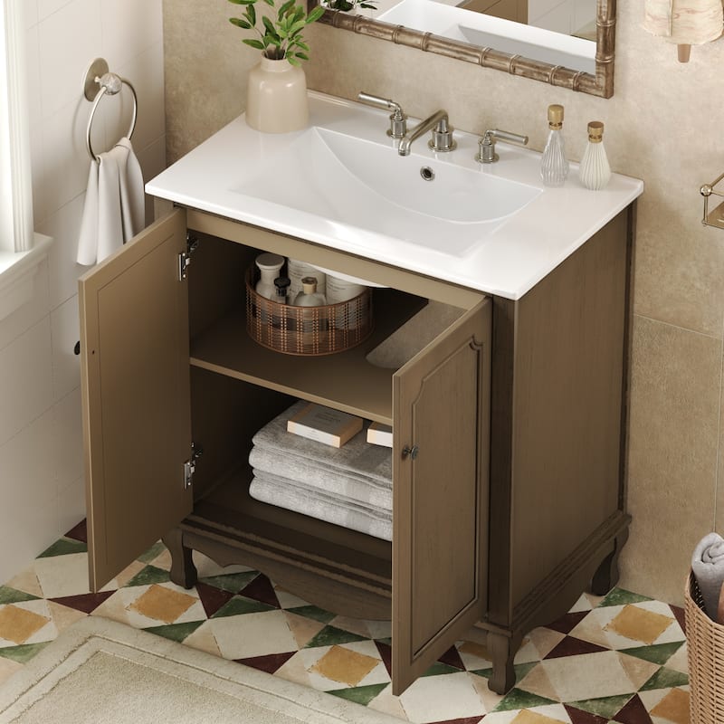30-Inch Vintage Bathroom Vanity, Rectangle Ceramic Sink, 2 Doors, Solid Wood Legs and Adjustable Shelves