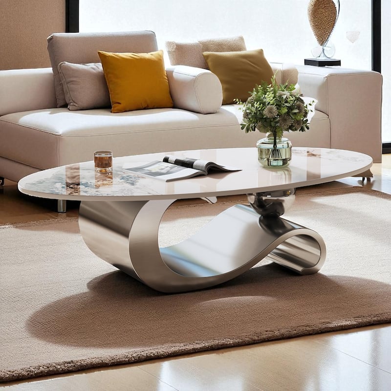 49.2" Oval Faux Marble Coffee Table with Stainless Steel Base, Modern Contemporary Center Accent Table
