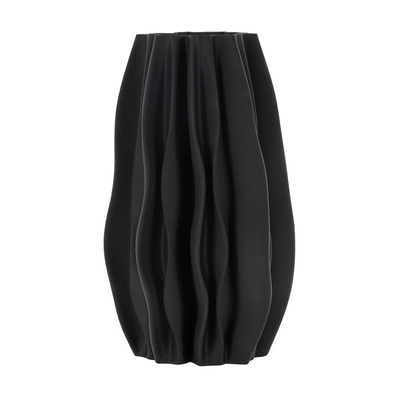 Black Ceramic Dimensional Wavy Ribbed Abstract Vase with Floral Shaped Rim