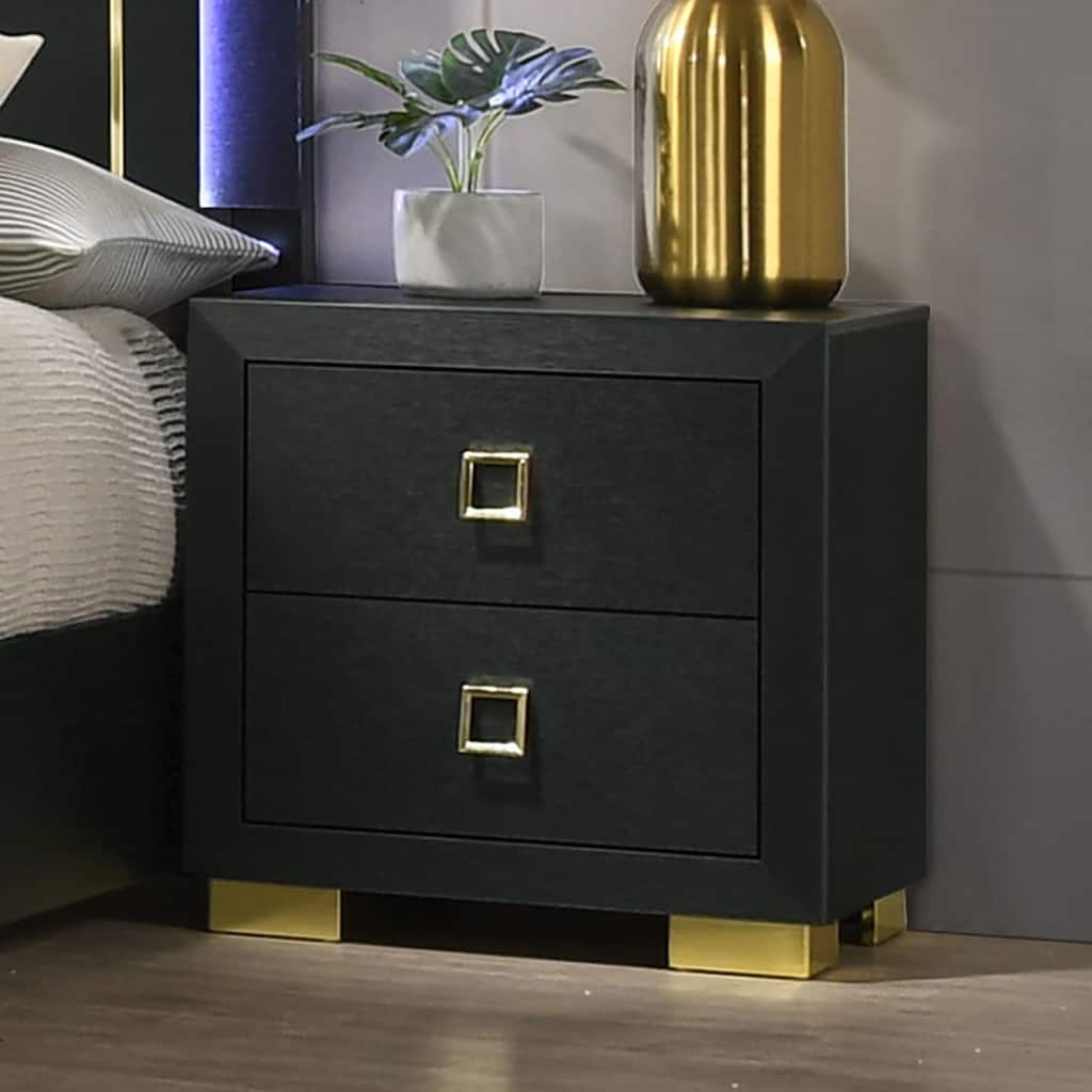 Modern 1pc Nightstand Black Color Center Glide 2-Drawers Bedside Table Square Pulls Bedroom Furniture