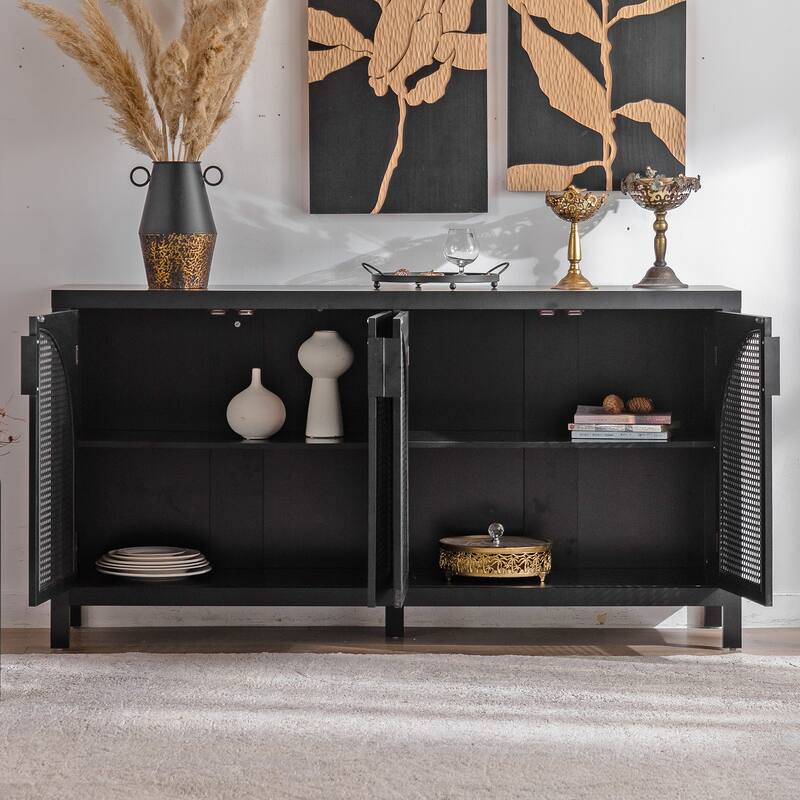 Modern Sideboard Buffet Cabinet with Faux Rattan Doors, Freestanding Wooden Storage Cabinet for Living Room, Entryway & Kitchen