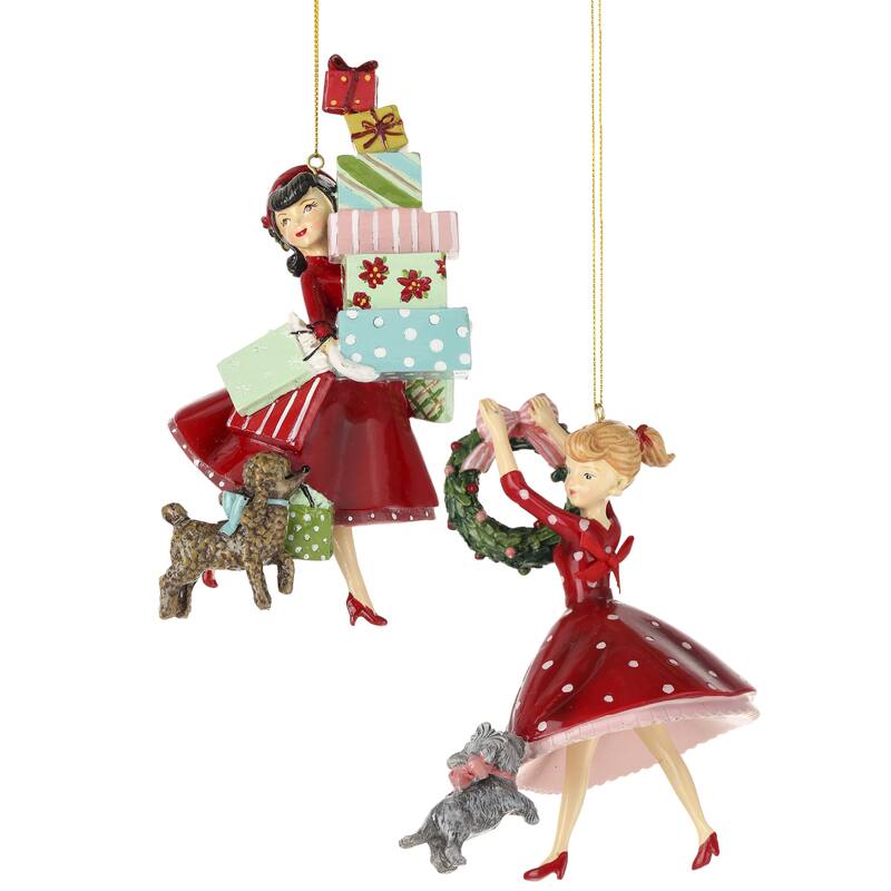 6.5-7" Retro Lady Decorating Ornament Set of 2