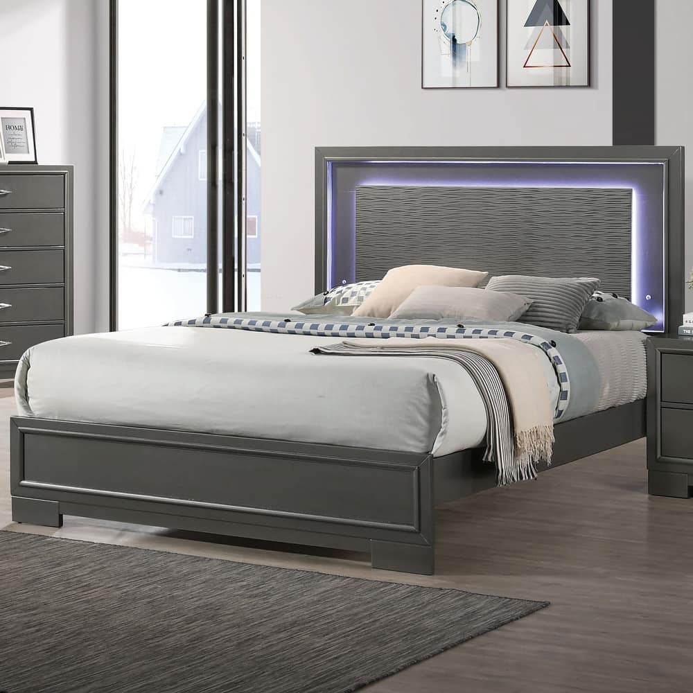 Lalt Contemporary Metallic Grey Wood LED Lighting Panel King Bed by Furniture of America