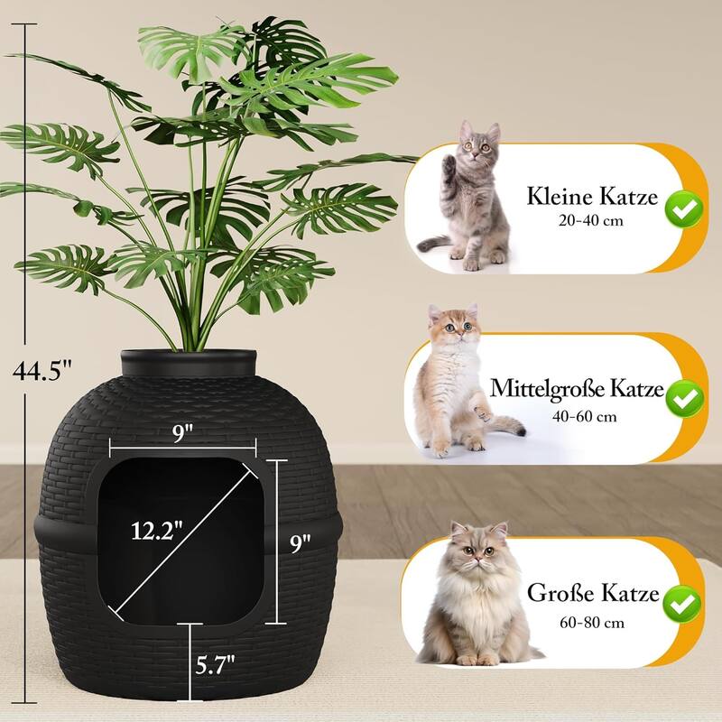 Hidden Litter Box with Faux Plant & Rattan Pattern, Large Cat Enclosure
