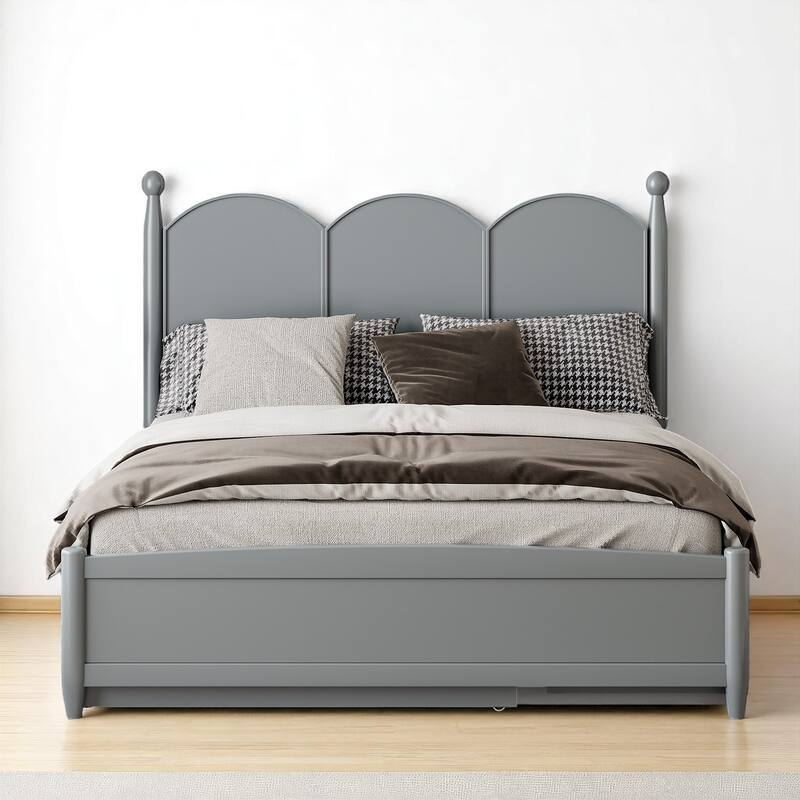 Rustic Queen Bed with Drawers and Pull-Out Twin XL Trundle, Solid Pine Platform Bed with Storage