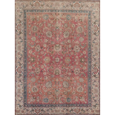Distressed Floral Tabriz Persian Vintage Area Rug Handmade Wool Carpet - 9'5" x 12'2"
