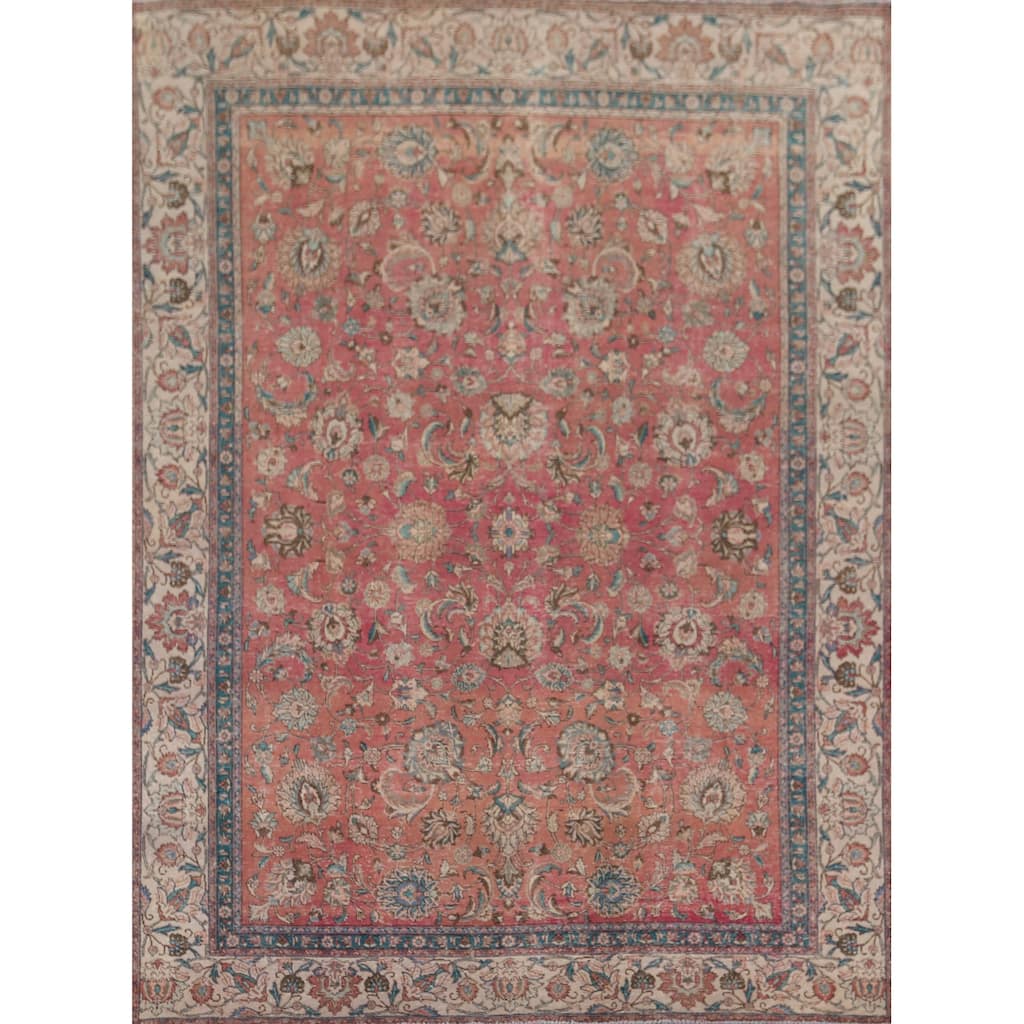 Distressed Floral Tabriz Persian Vintage Area Rug Handmade Wool Carpet - 9'5" x 12'2"